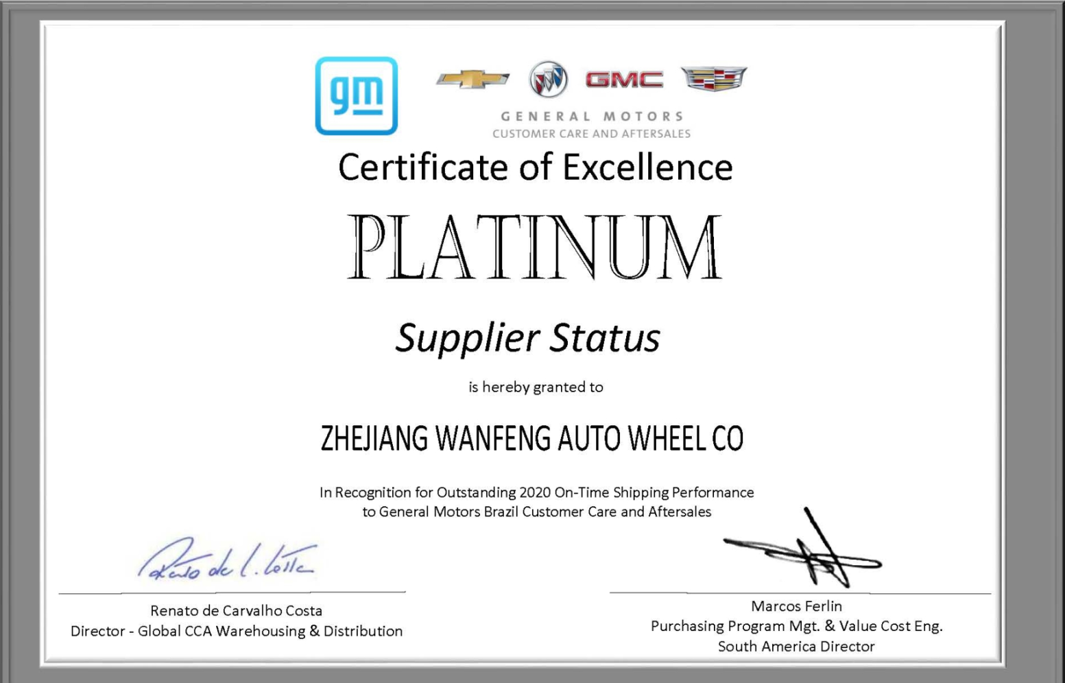萬(wàn)豐奧威汽輪榮獲巴西GM CCA鉑金級優(yōu)秀供應商獎